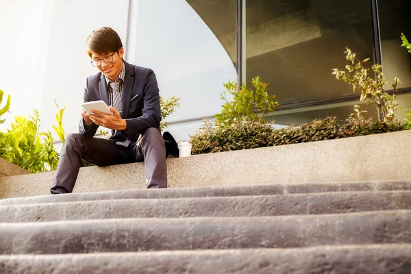 Handsome Young Businessman Sitting Stairs Using His Smartphone — Stock Photo, Image