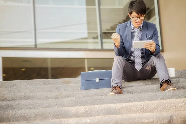 Handsome Young Businessman Sitting Stairs Using His Smartphone — Stock Photo, Image