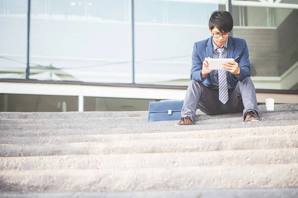 Handsome Young Businessman Sitting Stairs Using His Smartphone Selective Focus — Stock Photo, Image