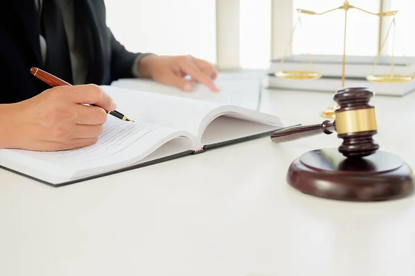 Judge gavel with Justice  lawyers having team meeting at law fir — Stock Photo, Image