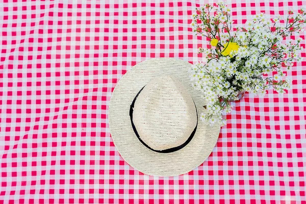 帽子とフィールド ウィットで赤と白のチェック布の花 — ストック写真