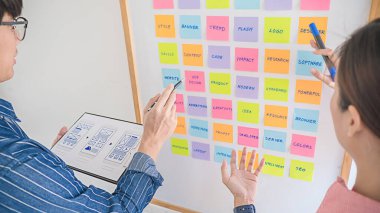 Web tasarımcısı strateji planı için beyin fırtınası yapıyor. Ofis kurulunda yapılacak işler olan renkli yapışkan notlar. Kullanıcı deneyimi (UX) kavramı.