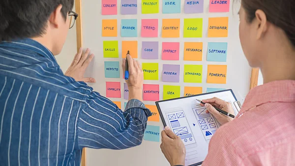 Web designer brainstorming for a strategy plan. Colorful sticky notes with things to do on office board. User experience (UX) concept.