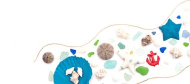 Deniz kabukları eski ahşap arka plan üzerinde kümesi