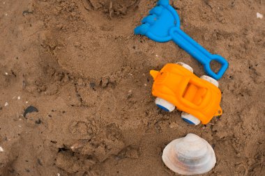 Çocuklar ve bir deniz kabuğu kuma için oyuncaklar.