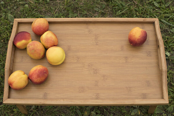 Bright nectarines on a wooden tray on a background of green grass.