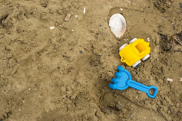 Çocuklar ve bir deniz kabuğu kuma için oyuncaklar.
