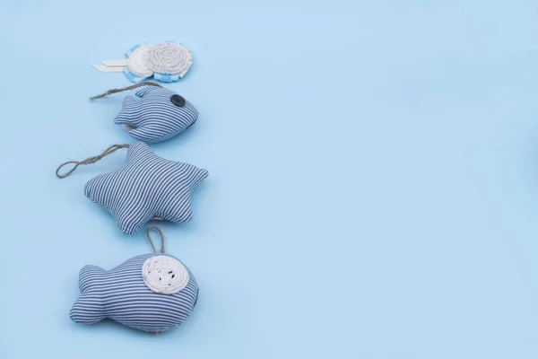 Decorative set of textile toys in a marine style, handmade. — Stock Photo, Image