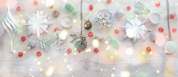 木製の背景光の装飾クリスマスの組成をバナーします。. — ストック写真