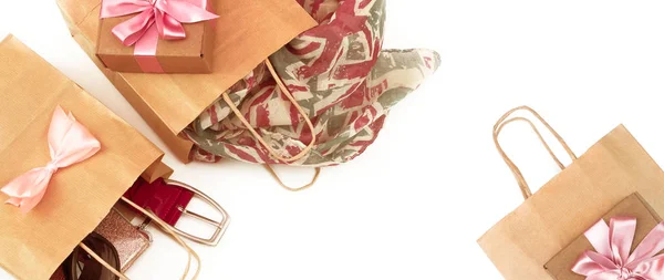 Banner Papiertaschen Shopping Frauen Accessoires Geschenke. — Stockfoto