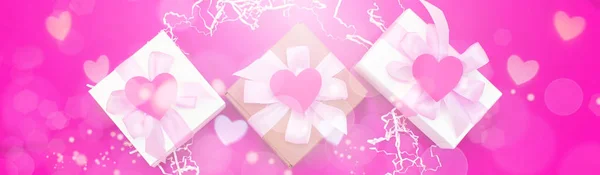 Банер Святковий фон з подарунковими коробками на рожевому фоні . — стокове фото