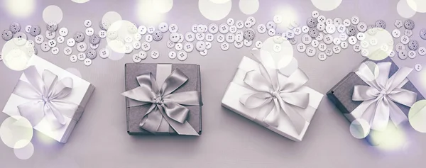 Banner Boxes with gifts on a festive background.