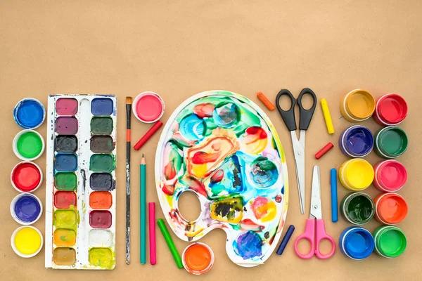 Set Materials Creativity Drawing Hobbies Classes Creativity Children Flat Lay — Stock Photo, Image