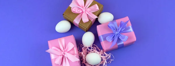 Banner Easter Gift Box Set White Eggs View Top Place — Stock Photo, Image