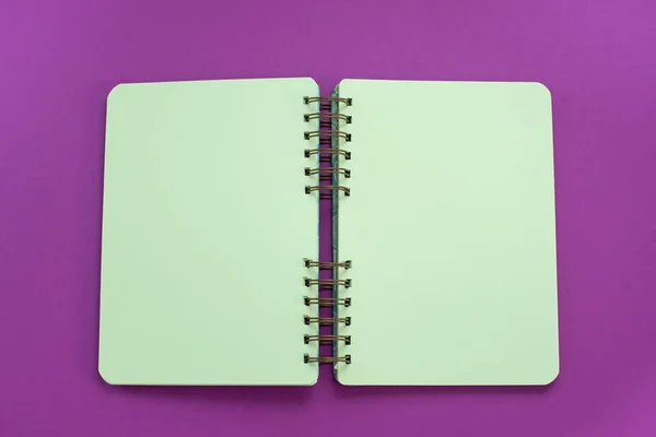 Cuaderno Abierto Sobre Brillante Fondo Púrpura Saturado Vista Superior Plana —  Fotos de Stock