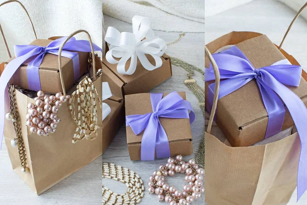 Geschenkboxen Mit Geschenken Damenschmuck Auf Hellem Holzgrund Collage Pack Mit — Stockfoto