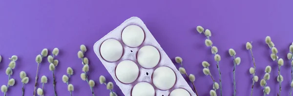 Banner Ostern Set Geschenkbox mit Zweigen Kätzchen weißes Ei. — Stockfoto