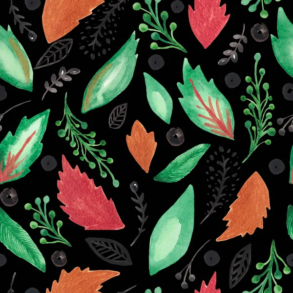 Seamless pattern hand-painted watercolor leaves to branches on a black background Pattern for fabric, invitations, wrapping paper, digital paper, card — Zdjęcie stockowe