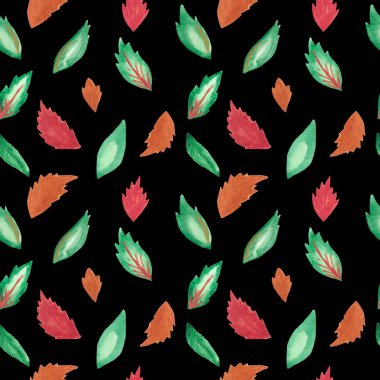 Seamless pattern hand-painted watercolor leaves to branches on a black background Pattern for fabric, invitations, wrapping paper, digital paper, card