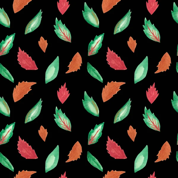Seamless pattern hand-painted watercolor leaves to branches on a black background Pattern for fabric, invitations, wrapping paper, digital paper, card — Φωτογραφία Αρχείου