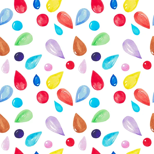 Watercolor illustration of a seamless pattern of multicolored water drops on a white background Hand painted pattern for fabric, digital paper, postcards, invitations design — Stockfoto