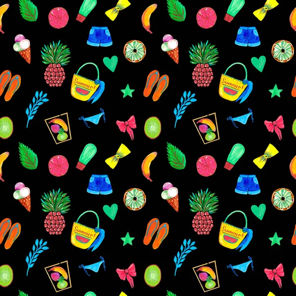 Watercolor illustration seamless pattern set of summer travel items Clothing fruit food on black isolated background — Stockfoto