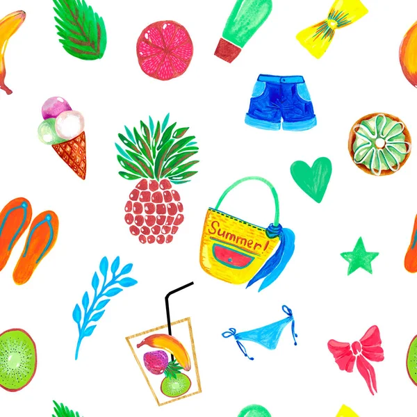 Watercolor illustration seamless pattern set of summer travel items Clothing fruit food on white isolated background — Φωτογραφία Αρχείου