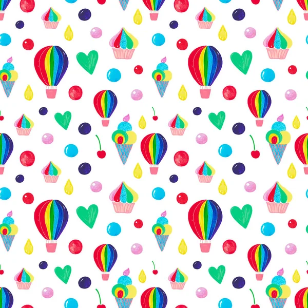 シームレスなパターン水彩イラスト熱気球雲アイスクリームカップケーキチェリーバルーン。子供の休日パターン。手描きのパリッとした虹色。レトロなデザインの白の背景 — ストック写真