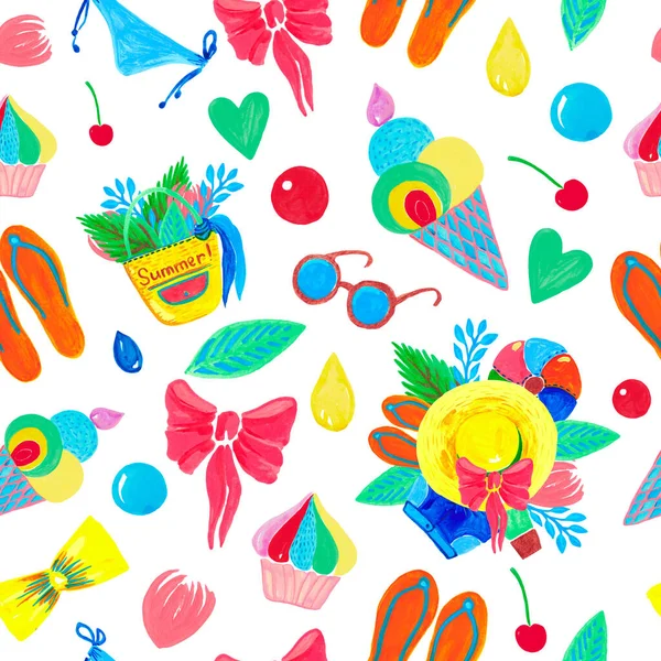 Seamless pattern Watercolor illustration summer travel clipart Tropical leaves shoes clothing hat ball ice cream cupcake on white background. — Stock Photo, Image
