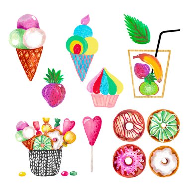 Suluboya illüstrasyon. Dondurma, kek, çörek, kokteyl, lolipop, çilek.