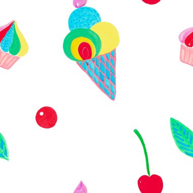 Kusursuz desenli suluboya çocuk baskısı kumaş, e-kağıt, hatıra defteri. Elle boyanmış Kalp Keki Kirazlı Dondurma