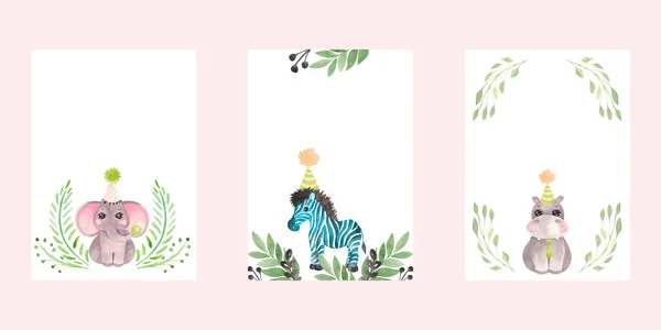 Safari ζώα Πρόσκληση πρότυπο Watercolor Clip Art Ζούγκλα Zebra Ελέφαντας Ιπποπόταμος. — Φωτογραφία Αρχείου