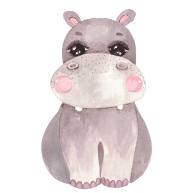 Tatlı bir bebek Hippo Safari hayvanının suluboya çizimi davetiye kartları, bebek partisi, bebek odası duvar resmi