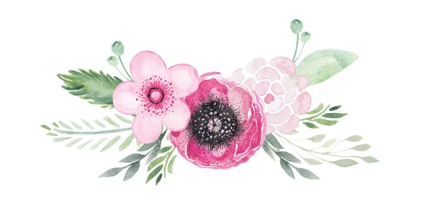 Ilustracja akwarela kwiat clipart kwiatowy układ dla zaproszeń ślubnych, pocztówki, karty, szablony, pozdrowienia, tło, faktura, DIY, biuro — Zdjęcie stockowe