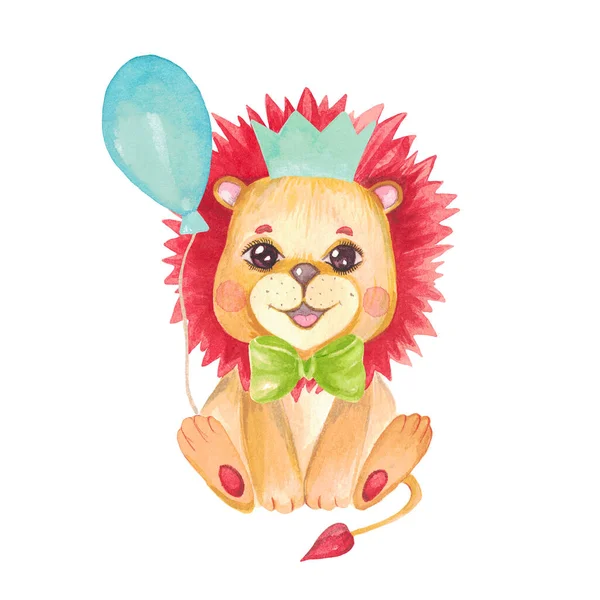 Ilustración en acuarela de un lindo cachorro de león bebé. Carácter festivo en una corona, arco, globo Safari animal para tarjetas de invitación, baby shower, guardería arte de la pared —  Fotos de Stock