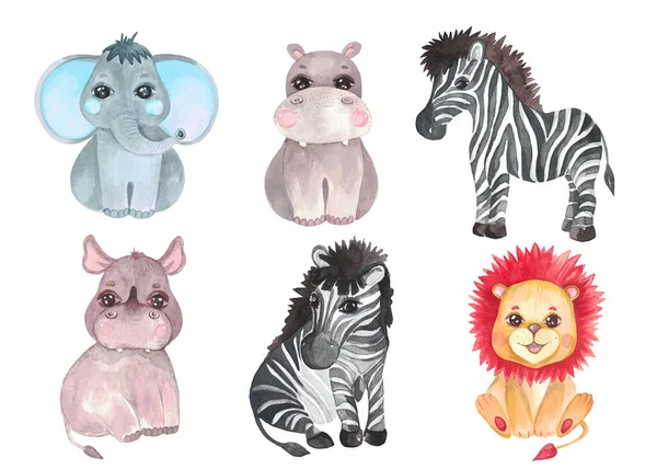 Watercolor illustration set Safari baby animals. Nursery decor Baby shower Tropical animals Elephant lion Zebra Rhino Hippo