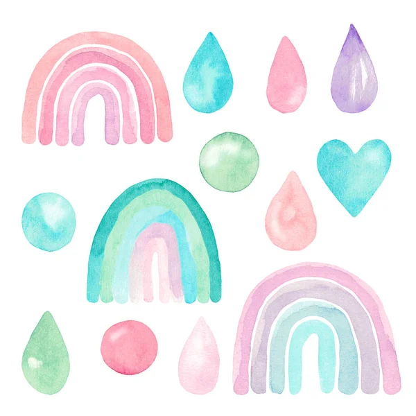 水彩画一套彩绘幻想彩虹，雨，滴，心手绘山水画婴儿淋浴装饰 — 图库照片