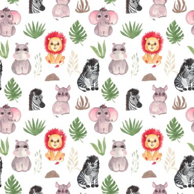 Kusursuz desenli suluboya çizimi Safari bebek hayvanları bebek dekorasyonu Tropik hayvanlar fil aslan Zebra gergedan su aygırı
