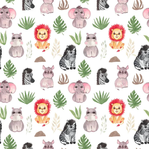Kusursuz desenli suluboya çizimi Safari bebek hayvanları bebek dekorasyonu Tropik hayvanlar fil aslan Zebra gergedan su aygırı