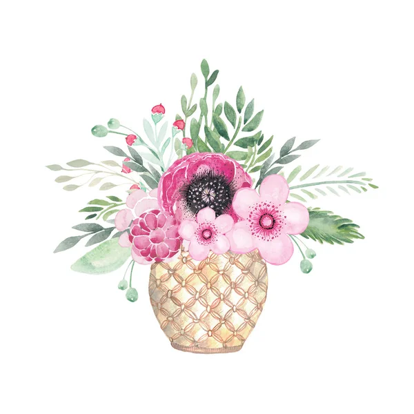 Ilustracja akwarela kwiat clipart Floral boho układ dla zaproszeń ślubnych, pocztówki, karty, szablony, pozdrowienia, tło, faktura, DIY, biuro — Zdjęcie stockowe