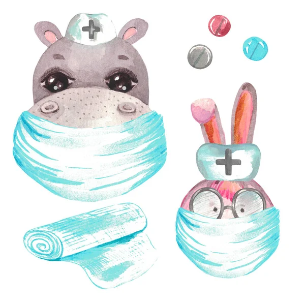Akvarel ilustrace portrét Bunny Hroch zdravotní sestry. Ručně malované léky zvířat lékař kliparty — Stock fotografie