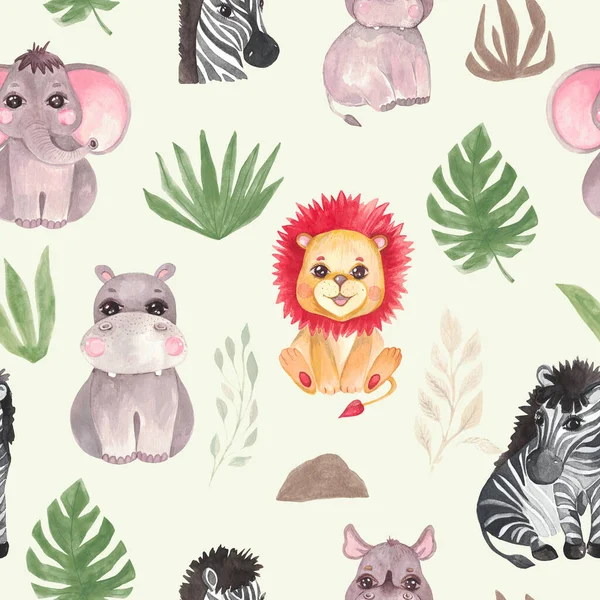 Seamless pattern Watercolor illustration set Safari baby animals Nursery decor Baby shower Tropical animals Elephant lion Zebra Rhino Hippo