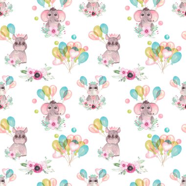 Beyaz arka planda balonlu, çiçekli şirin yavru hayvanların kusursuz deseni. Çocuk baskısı fili, gergedan, hipopotam doğum günü partisi