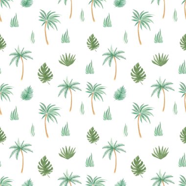 Tropik, dikişsiz yaprak palmiye otu. Suluboya el beyaz arka planda doğal elementleri boyadı