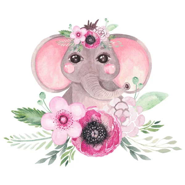 Niedlicher Elefant Einem Blumenkranz Poster Für Kinderzimmer Babydusche Wandkunst Botanische — Stockfoto