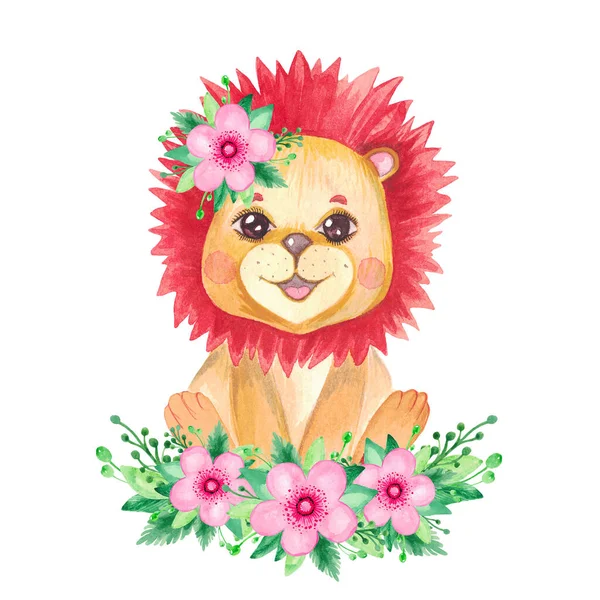 Roztomilé Lví Mládě Vějíři Květin Plakát Dětský Pokoj Oslava Miminek — Stock fotografie