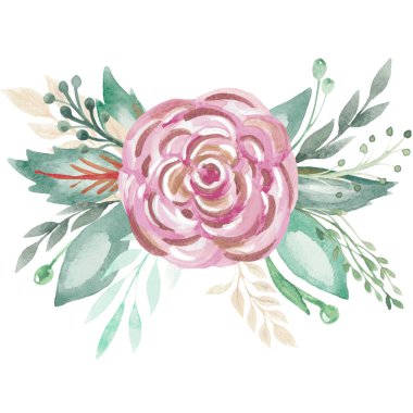 Botanik aranjmanı gül dalları kırsal tarzda bırakır. Düğün davetiyeleri için suluboya illüstrasyon çiçek buketi