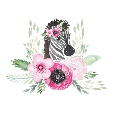 Çiçek çelenginde şirin Zebra. Çocuk odası posterleri, bebek partisi, duvar resimleri. Botanik düzenleme
