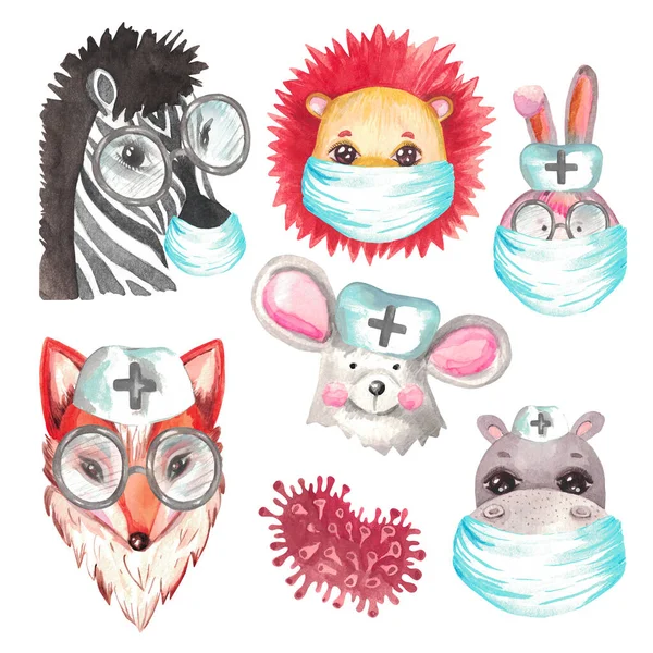 Akvarel Illustration Portræt Løve Unge Zebra Bunny Fox Hippo Sygeplejerske - Stock-foto