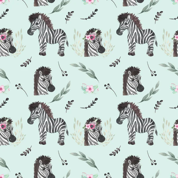 Płynny Wzór Cute Zebra Kwiatem Niebieskie Tło Baby Shower Wall — Zdjęcie stockowe